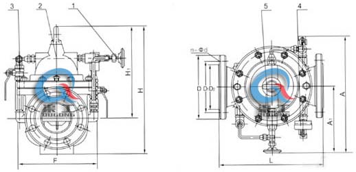300X緩閉止回閥 外形結(jié)構(gòu)圖 (1、針閥2、主閥3、球閥4、壓力表5、單向閥）